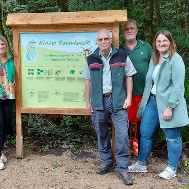 Drei Männer und drei Frauen stehen in Freizeitkleidung im Wald an einem Informationsschild, auf dem „Kleine Baumkunde“ steht. Im Hintergrund sind Bäume und Blätter zu erkennen.