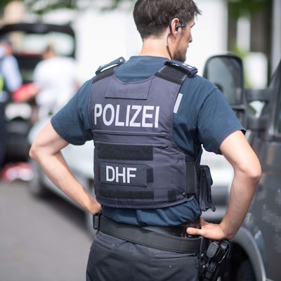 Ein Polizeibeamter spricht während einer Verkehrskontrolle mit dem Fahrer.