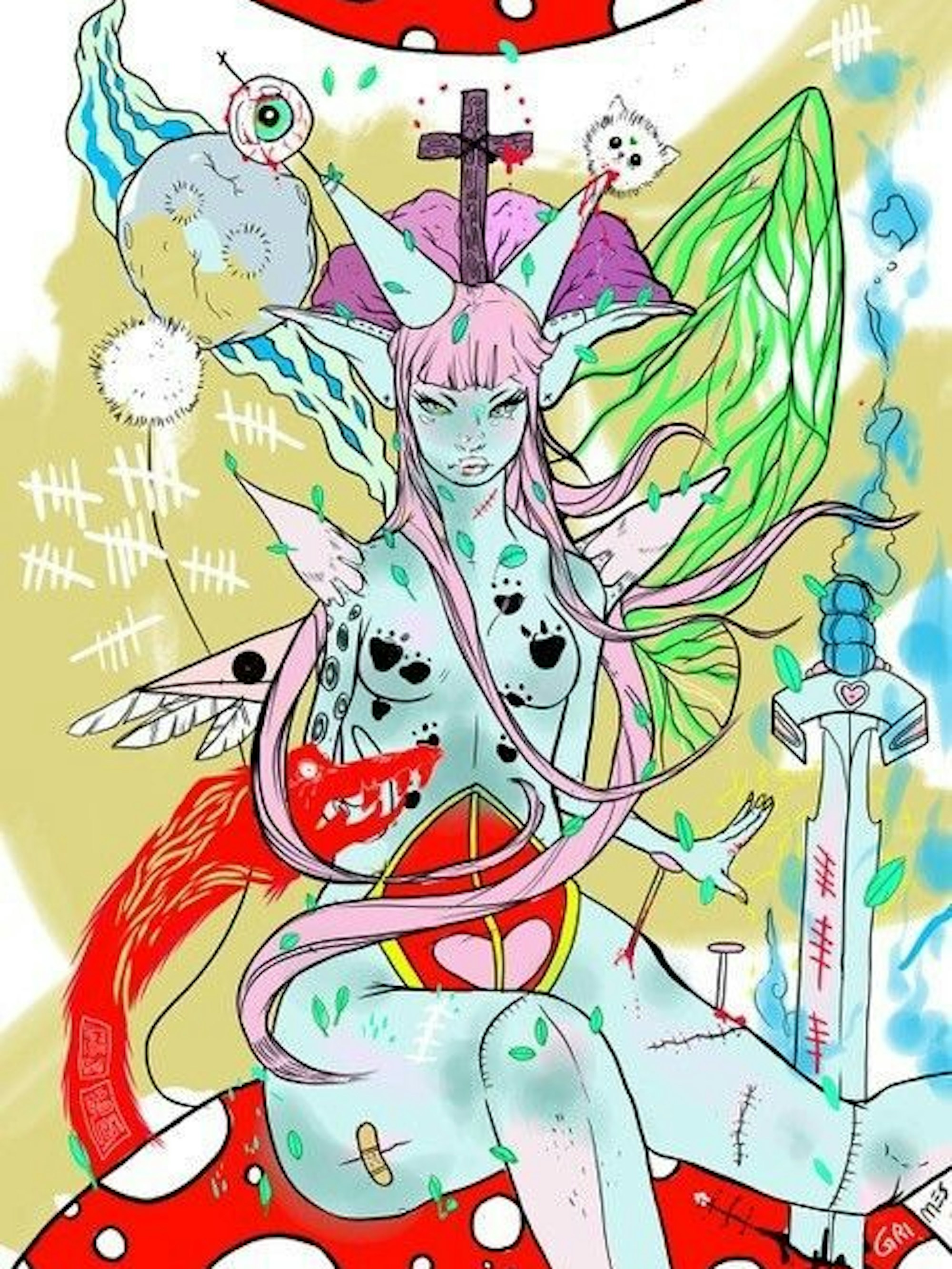 Ein weibliches Fabelwesen mit Schwert schaut den Betrachter an.