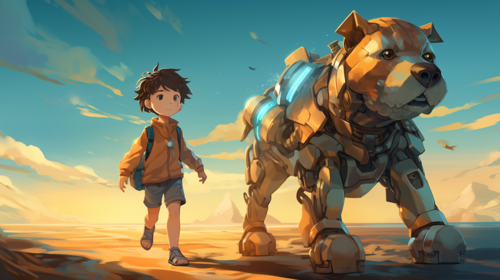 Illustration: Ein Kind geht mit einem Roboter-Hund spazieren