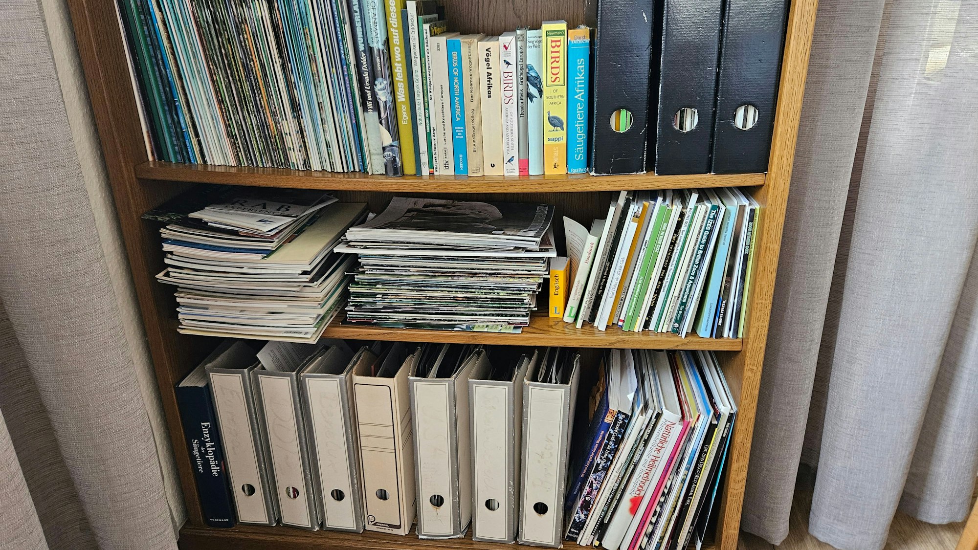 Auf dem Foto ist ein volles Regal mit Büchern und Heften zu sehen.