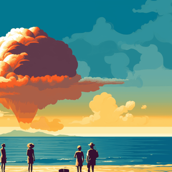 Illustration: Ein Atompilz über dem Meer, Menschen stehen am Strand.