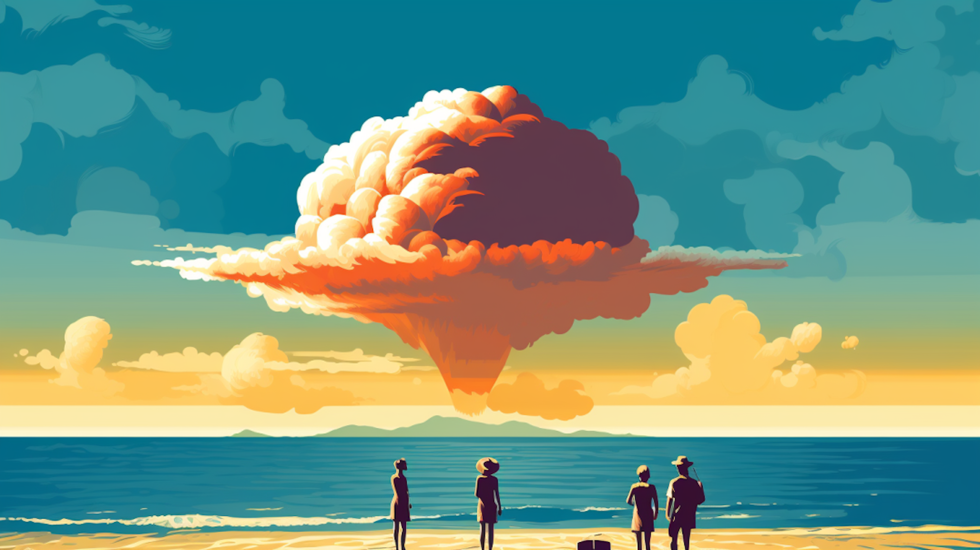 Illustration: Ein Atompilz über dem Meer, Menschen stehen am Strand.