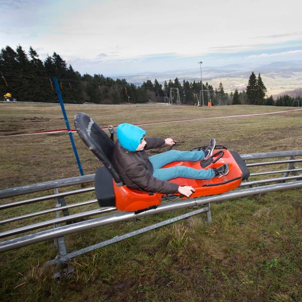 Ein Junge saust auf der Wasserkuppe (Hessen) die Sommerrodelbahn entlang.