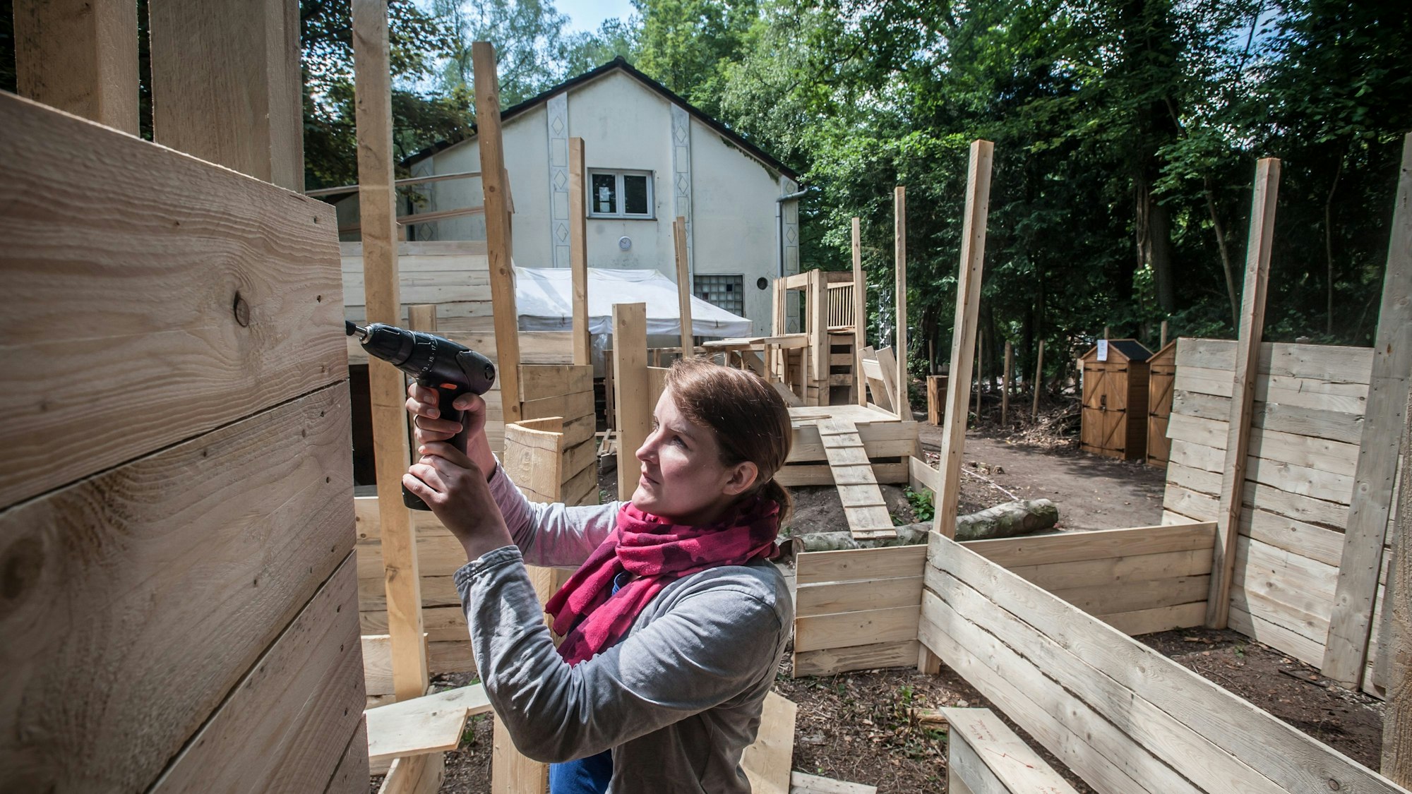 Eine Frau schraubt eine Schraube in eine Holzwand.