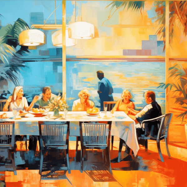 Illustration: Menschen sitzen an einem Tisch inmitten chicer Dekoration