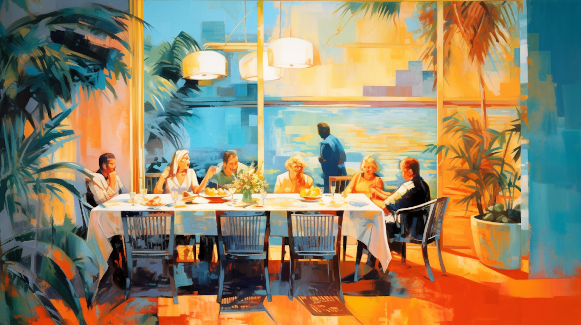 Illustration: Menschen sitzen an einem Tisch inmitten chicer Dekoration