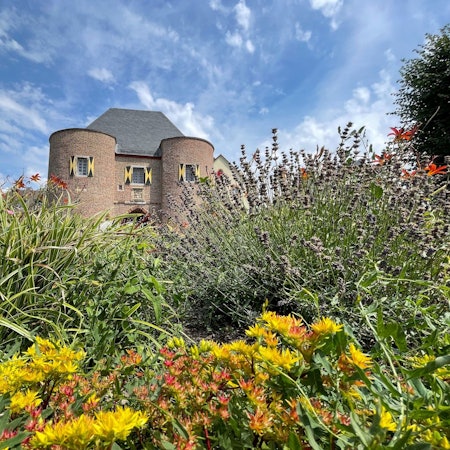 Das Aachener Tor in Bergheim vor blauem Himmel. Im Vordergrund eine blühende Wiese.