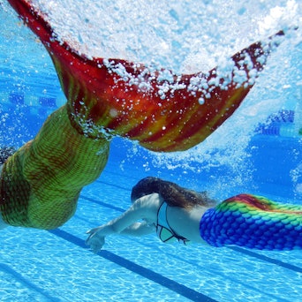 Im Freibad „Sonnenbad“ in Karlsruhe (Baden-Württemberg) schwimmen Teilnehmer des dritten baden-württembergischen Meerjungfrauen-Treffen durch das Wasser des Beckens