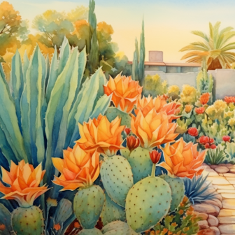 Illustration: Kakteen, Sukkulenten und Palmen in einem Garten.