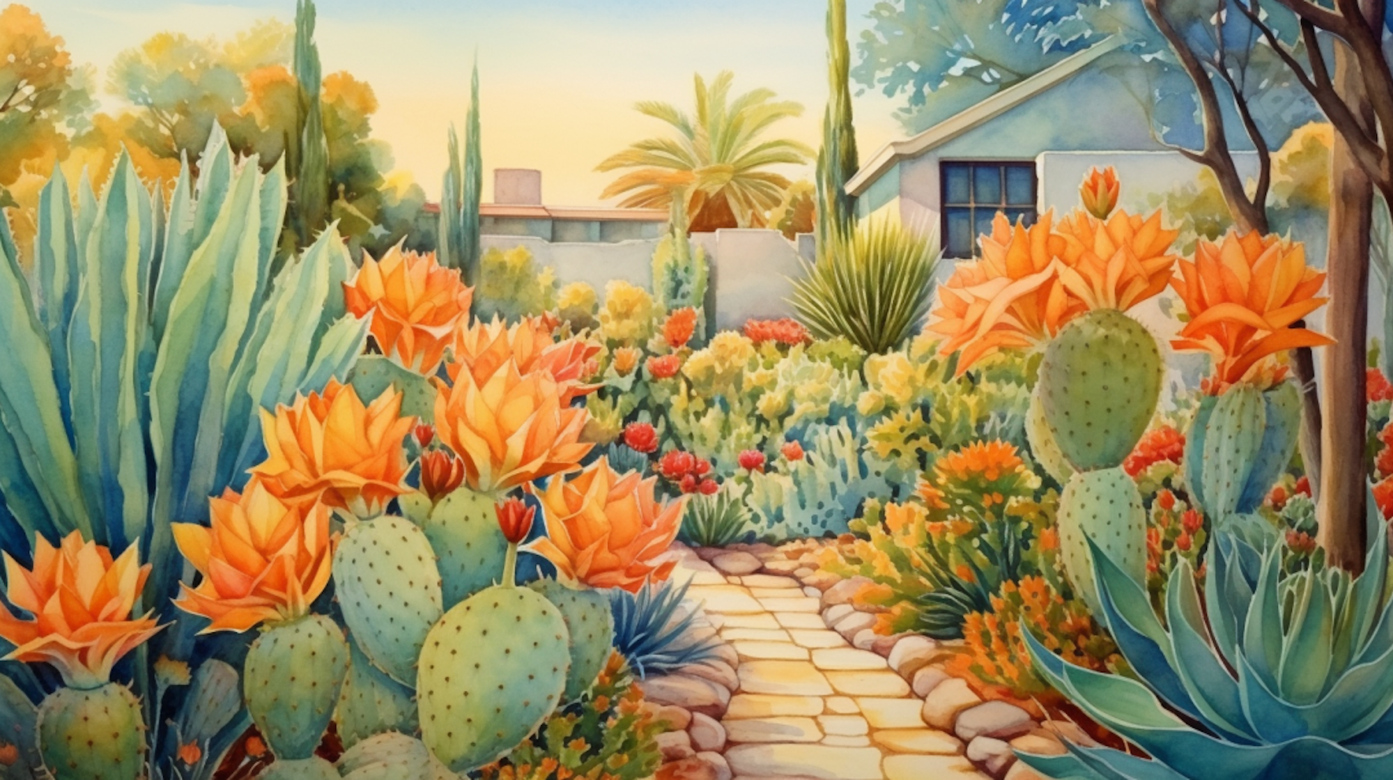 Illustration: Kakteen, Sukkulenten und Palmen in einem Garten.