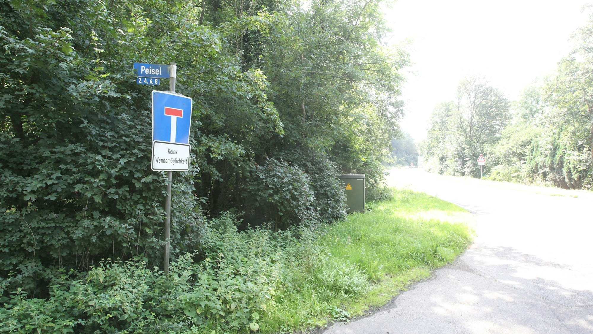 Ein Sackgassen-Schild steht an einer Straßenecke im Gras.