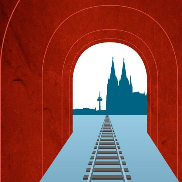 Die Grafik zeigt einen roten Tunnel mit Schienen, im Hintergrund ist der Kölner Dom zu sehen.