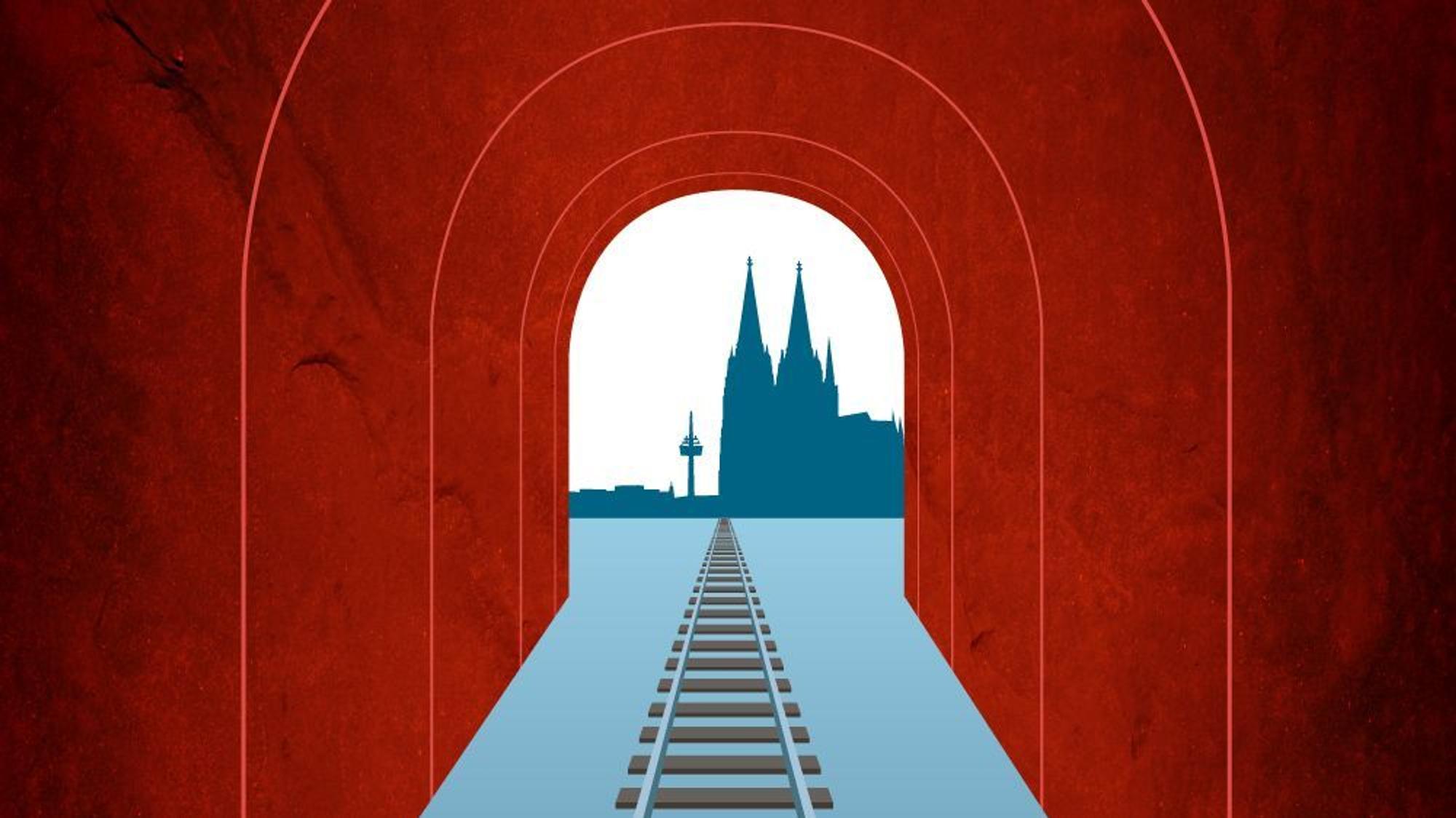 Die Grafik zeigt einen roten Tunnel mit Schienen, im Hintergrund ist der Kölner Dom zu sehen.