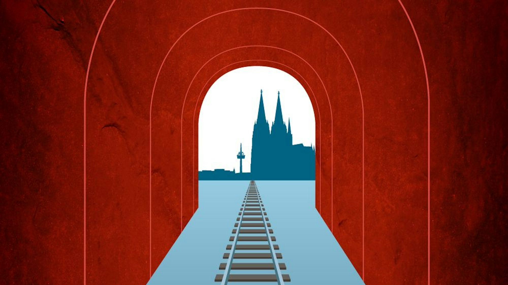 Die Grafik zeigt einen roten Tunnel mit Schienen, im Hintergrund ist der Kölner Dom zu sehen.