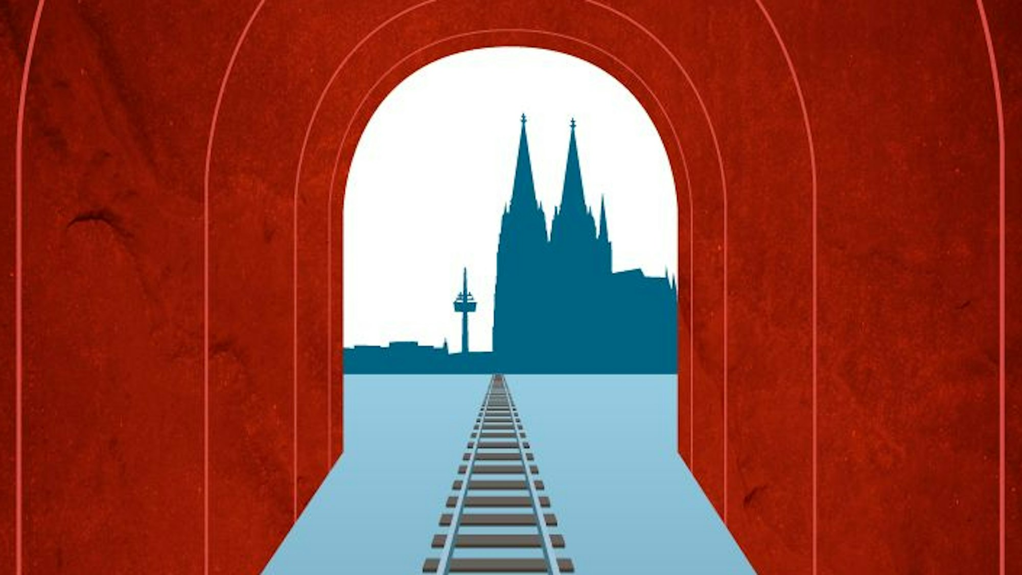 Die Illustration zeigt einen Tunnel mit Gleis. Im Hintergrund ist die Silhouette Kölns zu sehen.