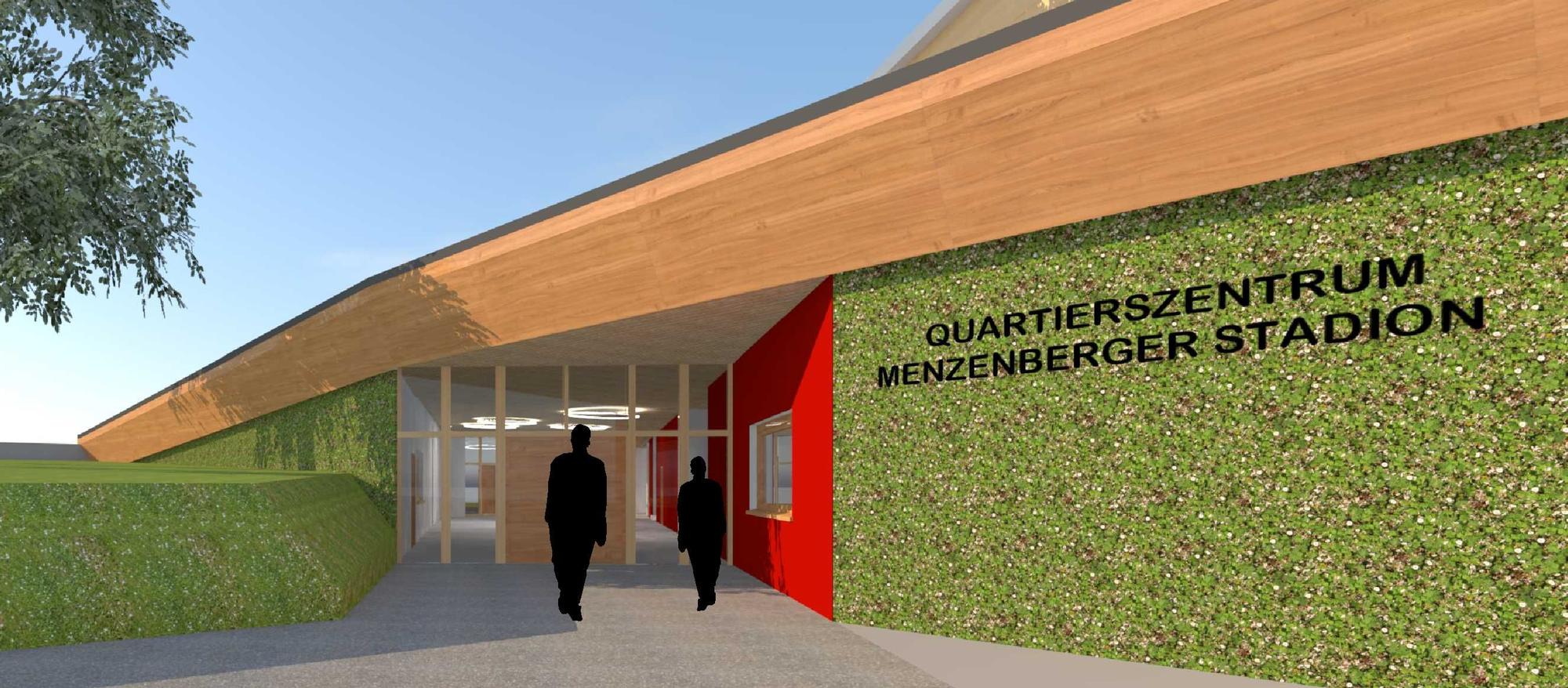 Eine Visualisierung zeigt den Eingang des geplanten Quartierszentrums mit dem Schriftzug „Quartierszentrum Menzenberger Stadion“ auf einer grünen Fassade