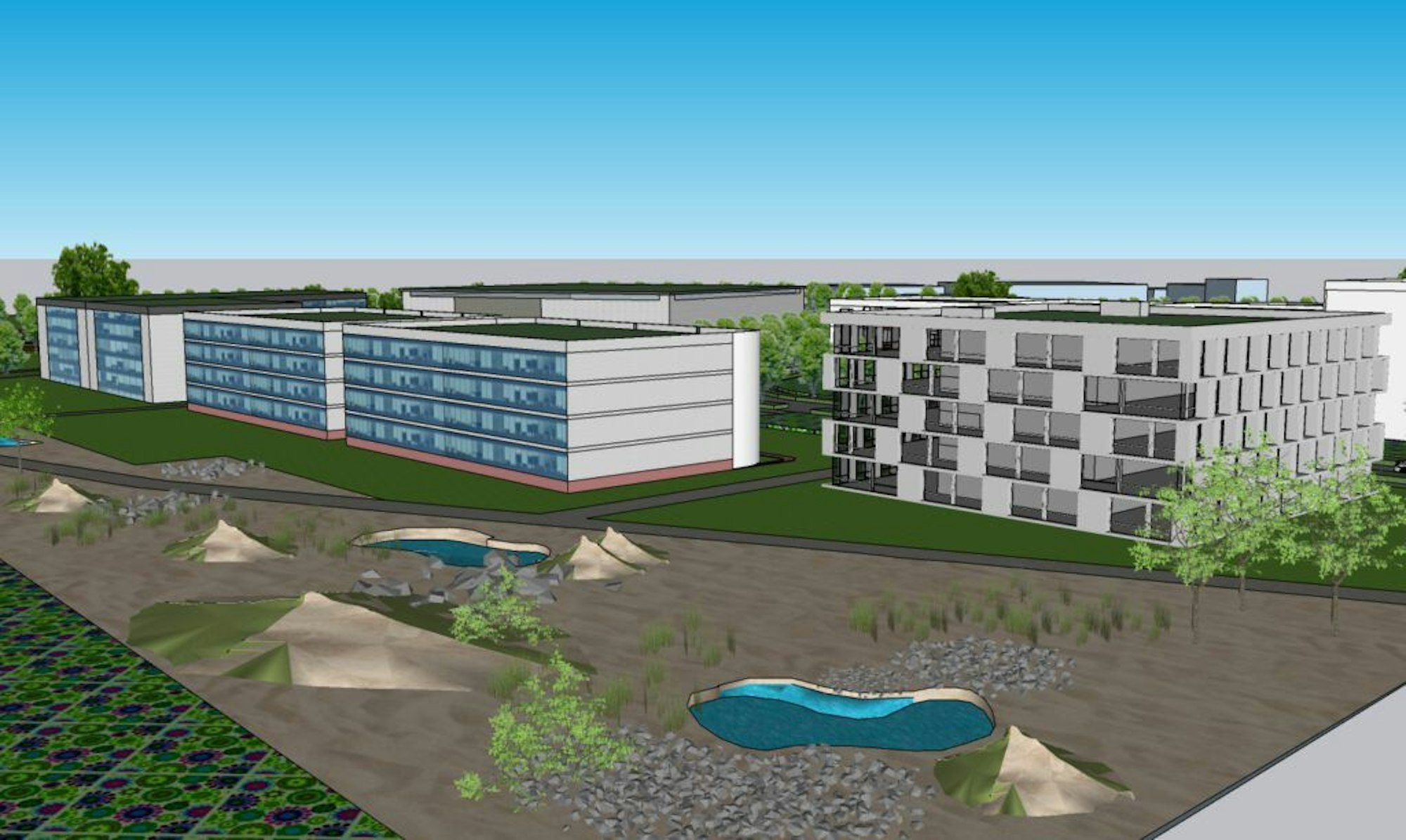 Eine Visualisierung zeigt mehrere mehrgeschossige, rechteckige Gebäude und davor zwei kleine Teiche.