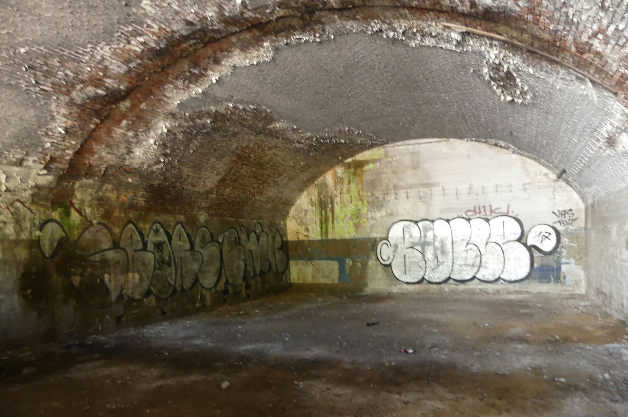 Das Innere eines Gewöbebogens ist mit Graffiti verschmiert. Die Wände sind grün vor Feuchtigkeit.