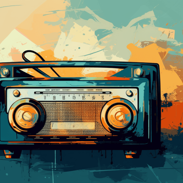 Illustration: Radio vor abstraktem Hintergrund