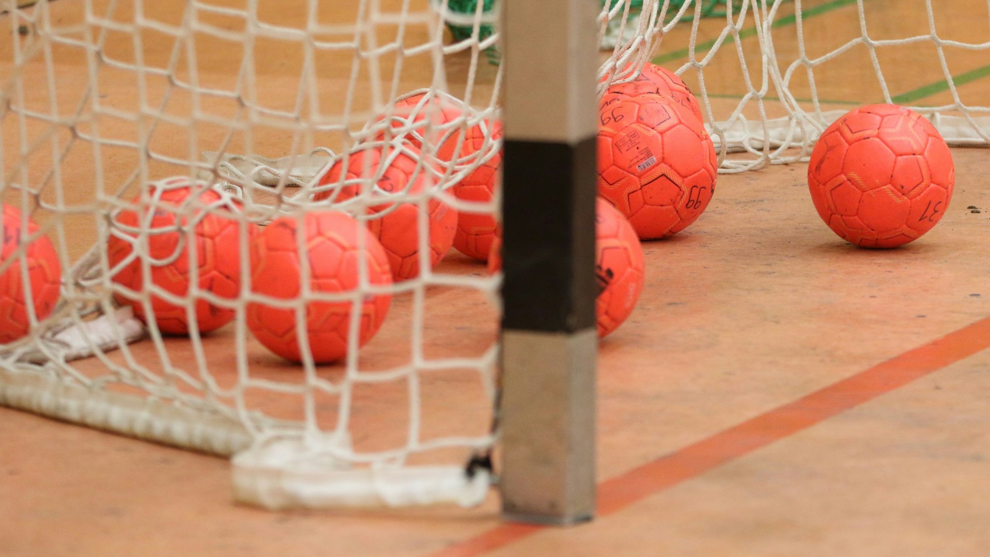 Das Bild zeigt zahlreiche Handbälle in einem Tor.