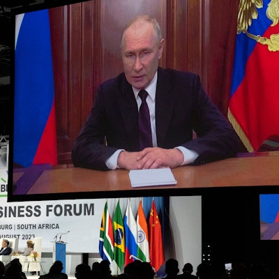 Wladimir Putin (oben), Präsident von Russland, spricht während des Gipfels der Staats- und Regierungschefs der fünf aufstrebenden Volkswirtschaften Brics.