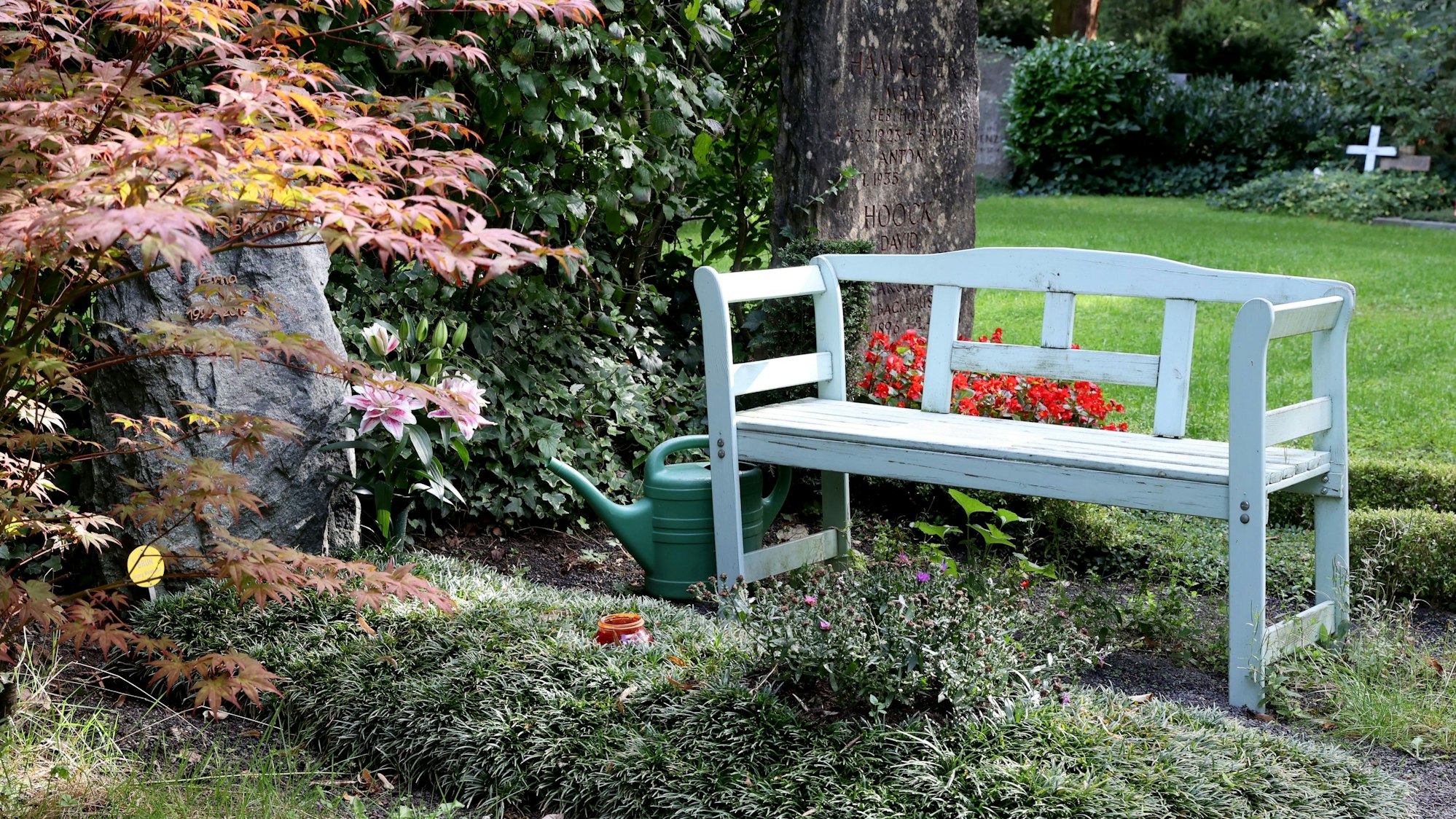 Eine weiße Holzbank steht neben einem Grab auf dem Kölner Melaten-Friedhof.