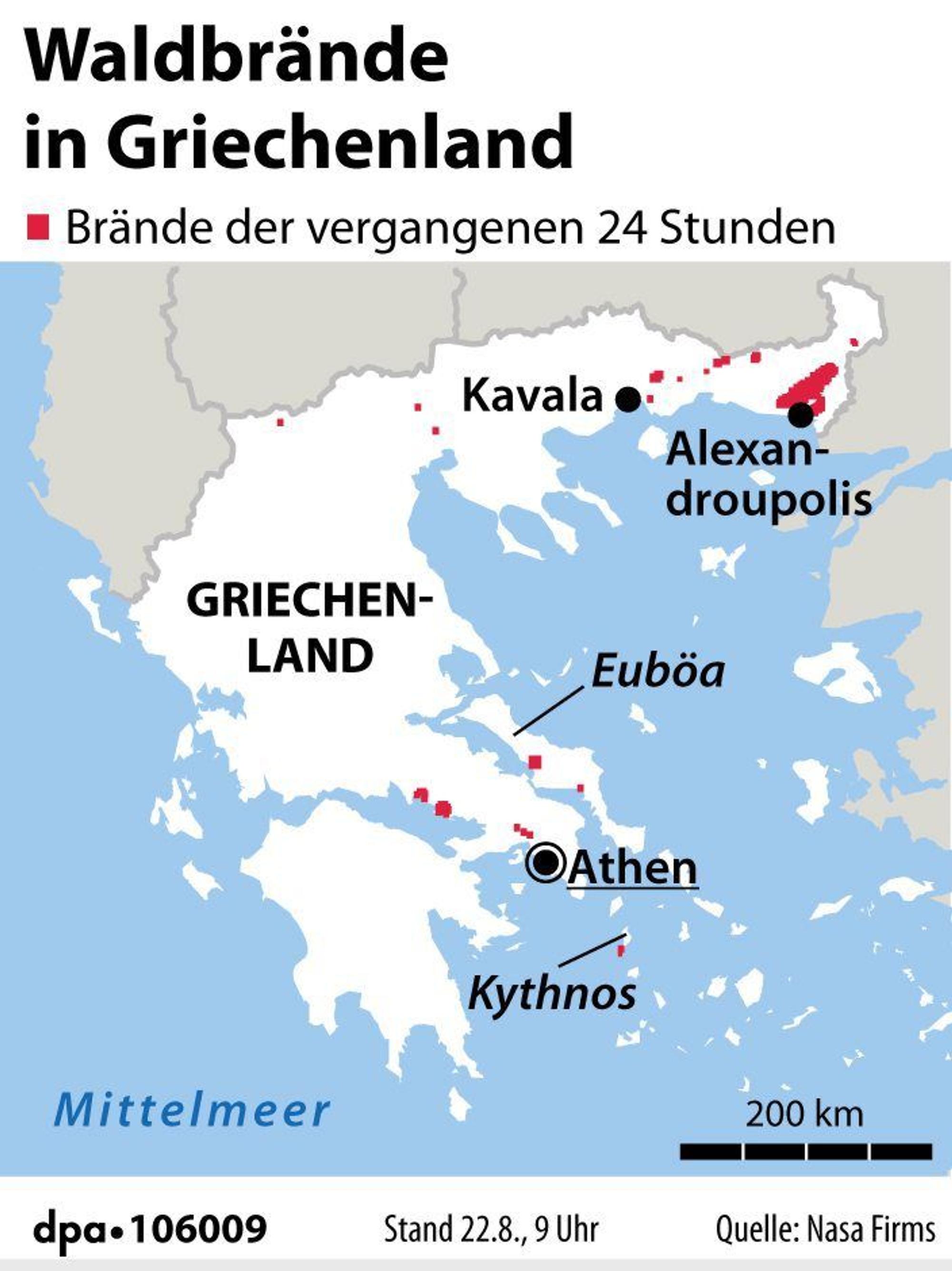 Grafik von Dienstag, dem 22. August zu den aktuellen Bränden in Griechenland.