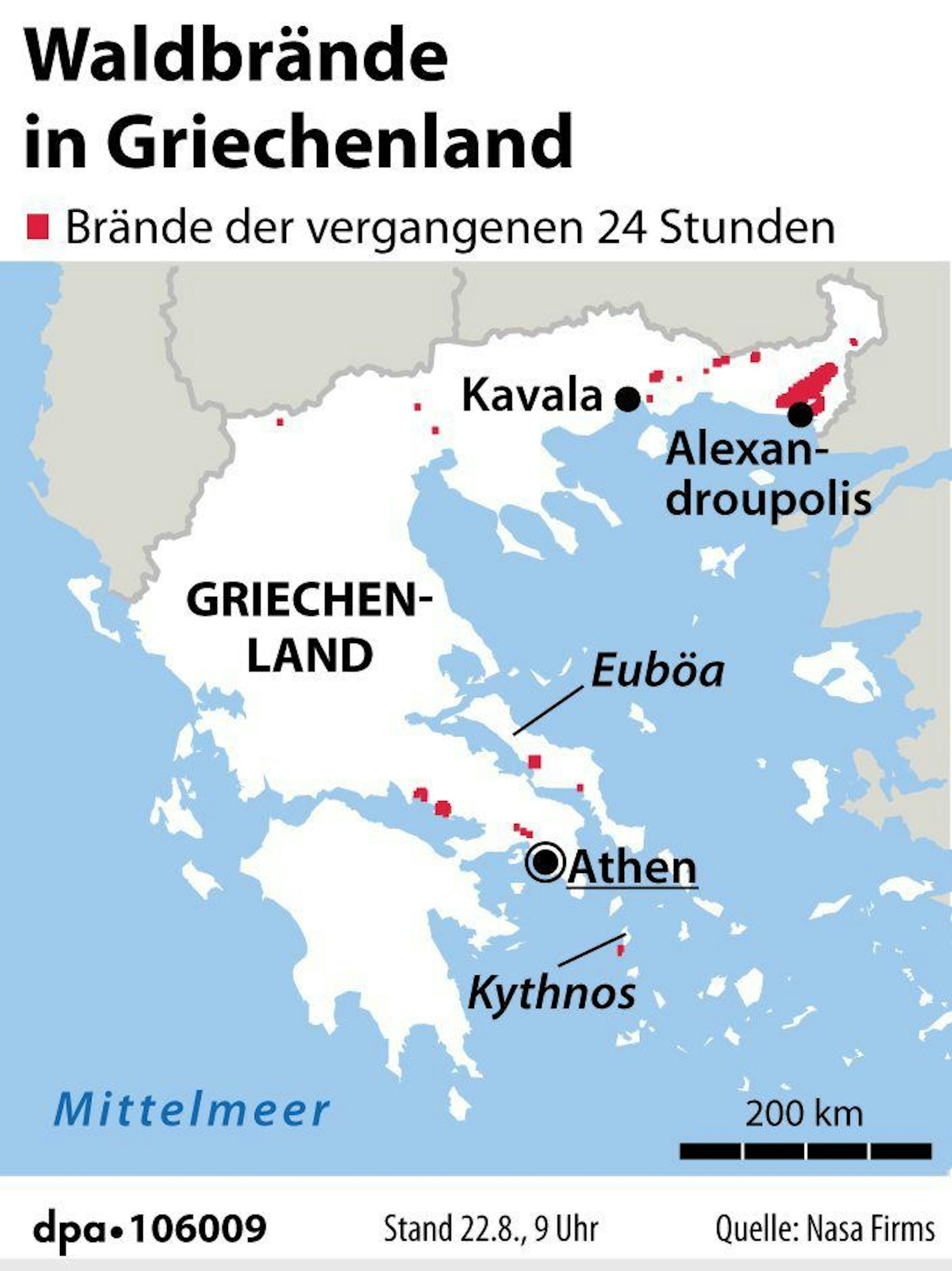 Grafik von Dienstag, dem 22. August zu den aktuellen Bränden in Griechenland.