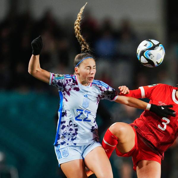 Switzerland's Lara Marti, right, and Spain's Athenea Del Castillo compete for the ball during the Women's World Cup second round soccer match between Switzerland and Spain at Eden Park in Auckland, New Zealand, Saturday, Aug. 5, 2023. (AP Photo/Abbie Parr)