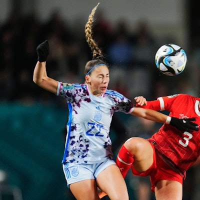 Switzerland's Lara Marti, right, and Spain's Athenea Del Castillo compete for the ball during the Women's World Cup second round soccer match between Switzerland and Spain at Eden Park in Auckland, New Zealand, Saturday, Aug. 5, 2023. (AP Photo/Abbie Parr)