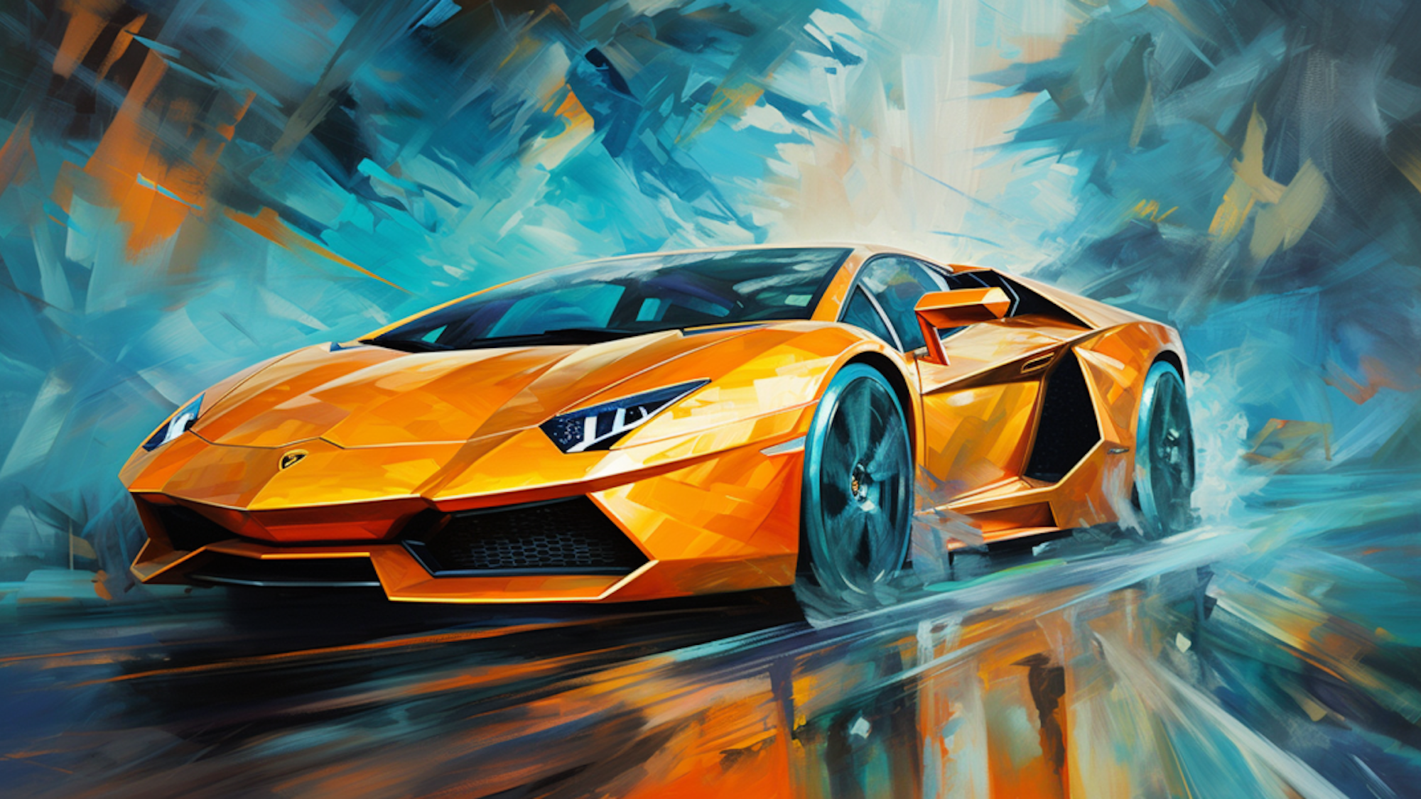 Illustration eines Lamborghini-Sportwagens in einer ländlichen Umgebung