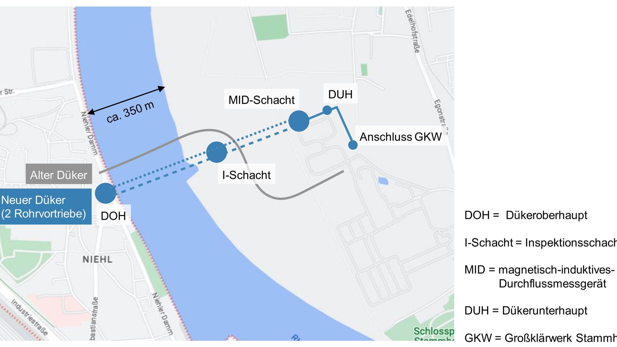 Stadt-Plangrafik eines Rheinabschnitts