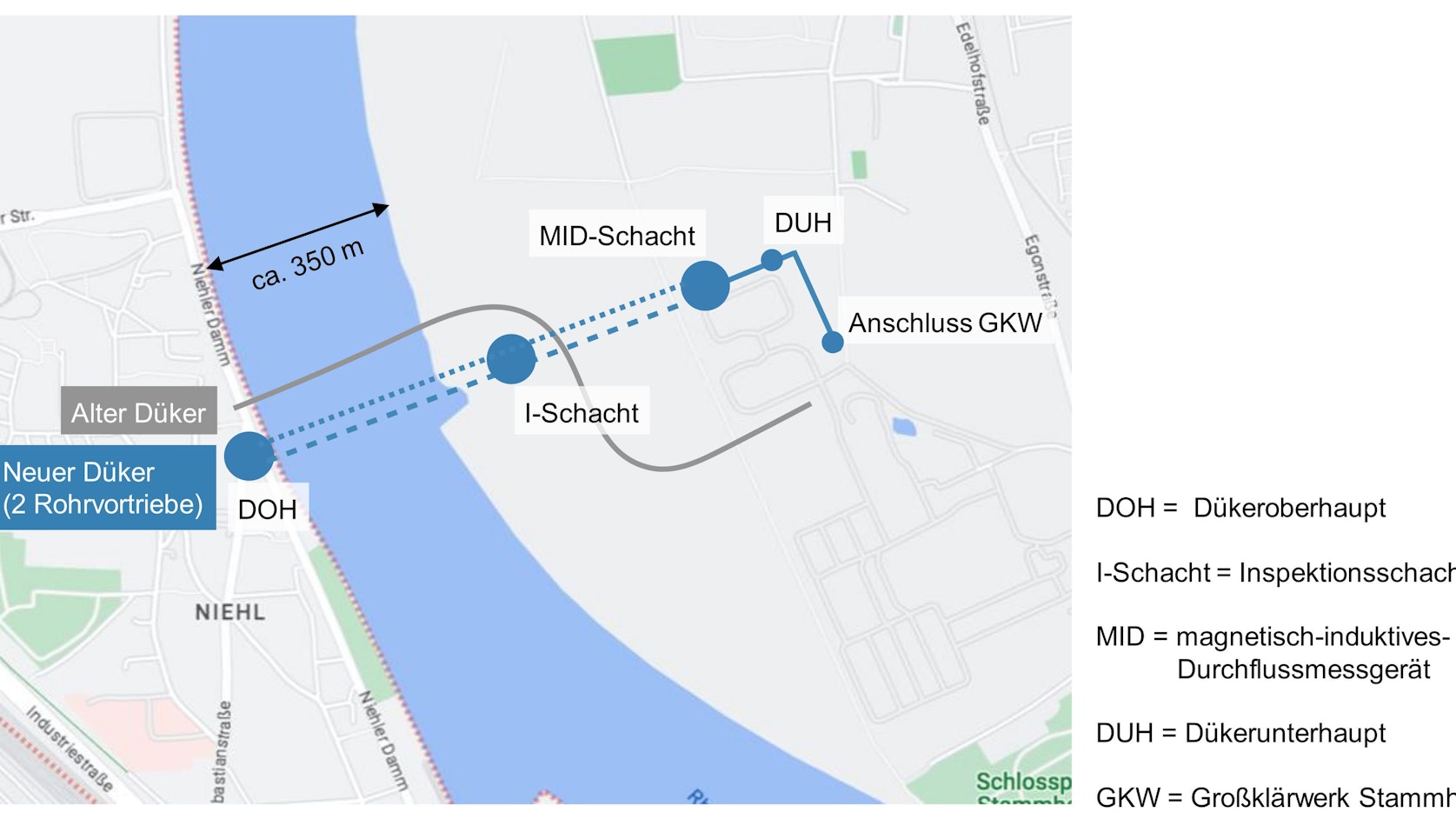 Stadt-Plangrafik eines Rheinabschnitts
