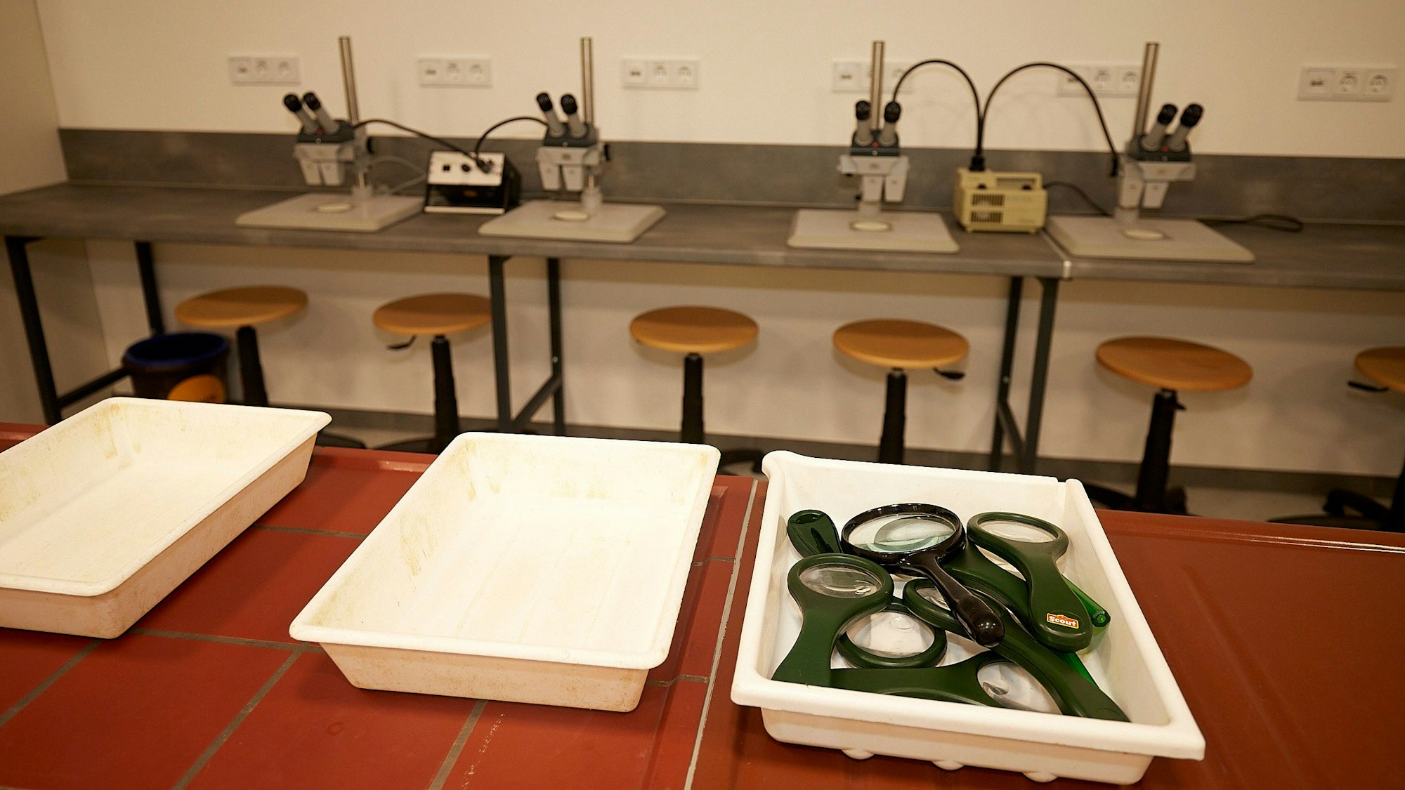 Im neuen Wasserlabor im Naturzentrum Nettersheim liegen in einer weißen Schale zahlreiche Lupen bereit. Im Hintergrund stehen Mikroskope auf Tischen an einer Wand.