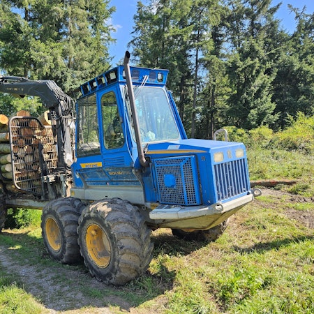 Ein blaue Rückemaschine transportiert Stämme auf der Ladefläche.