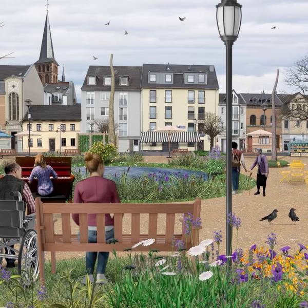 Zu sehen ist der Belveder-Parkplatz in Brühl in einer Zukunftsvision ohne Autos. Dafür mit Tischtennisplatte, Sitzgelegenheiten, Teich und mehr Grün.