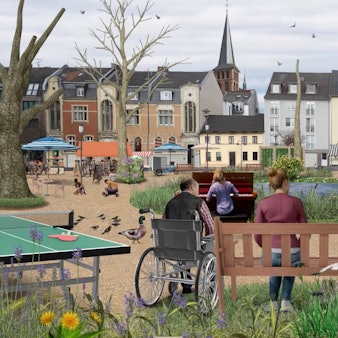 Zu sehen ist der Belveder-Parkplatz in Brühl in einer Zukunftsvision ohne Autos. Dafür mit Tischtennisplatte, Sitzgelegenheiten, Teich und mehr Grün.