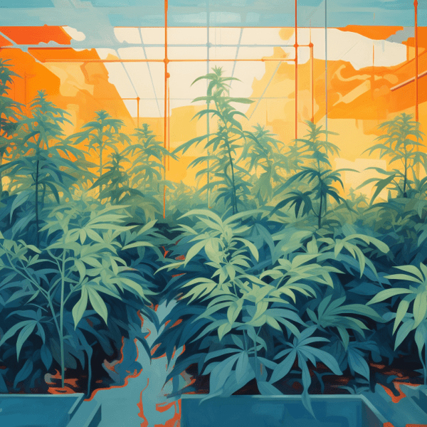 Die Illustration zeigt eine Cannabis-Plantage mit Hunderten Pflanzen.
