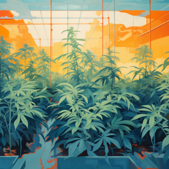 Die Illustration zeigt eine Cannabis-Plantage mit Hunderten Pflanzen.
