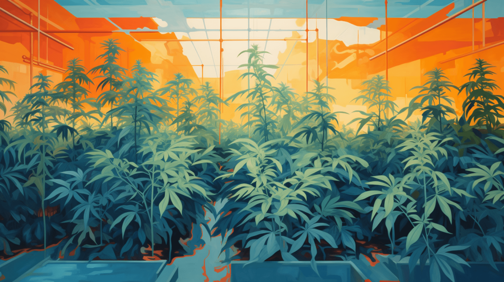 Die Illustration zeigt eine Cannabis-Plantage mit Hunderten Pflanzen.