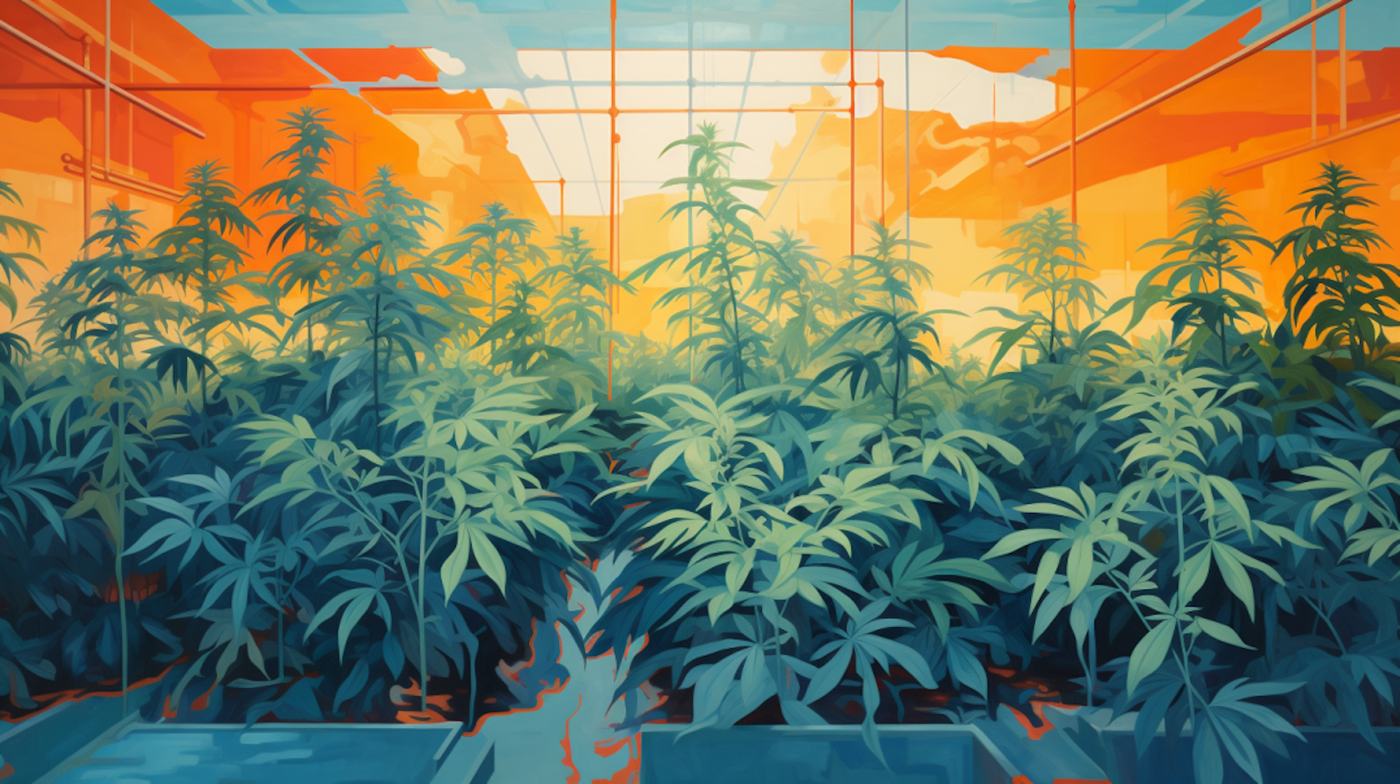 Die Illustration zeigt eine Cannabis-Plantage mit Hunderten Pflanzen.