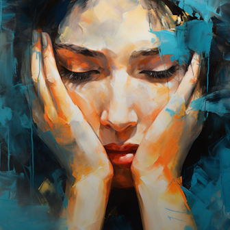 Illustration: Frau stützt Kopf in den Händen auf