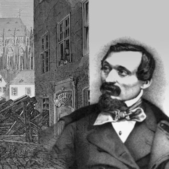 Die Bildcollage zeigt eine Zeichnung von Georg Osterwald von den Barrikaden in der Altstadt im September 1848 und ein Porträt des Revolutionäres Franz Raveaux