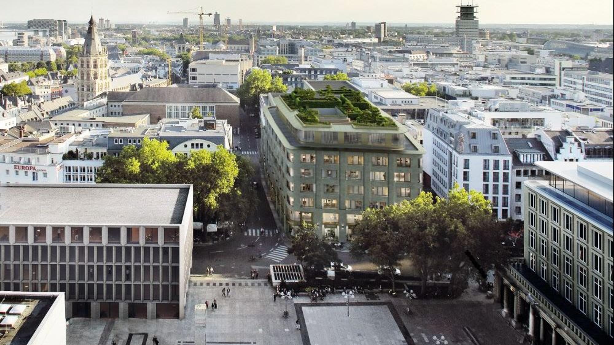 Die Visualisierung zeigt das geplante Gebäude mit Domblick und Dachgarten.