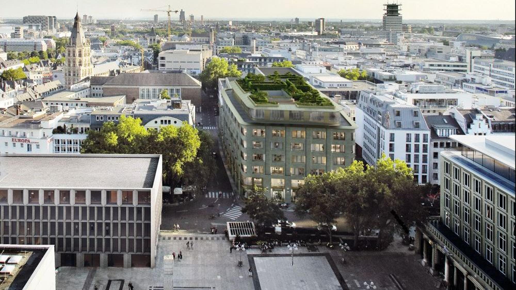 Direkt gegenüber des Kölner Dom: So soll das Geschäftshaus im Laurenz-Carré am Roncalliplatz mal aussehen.