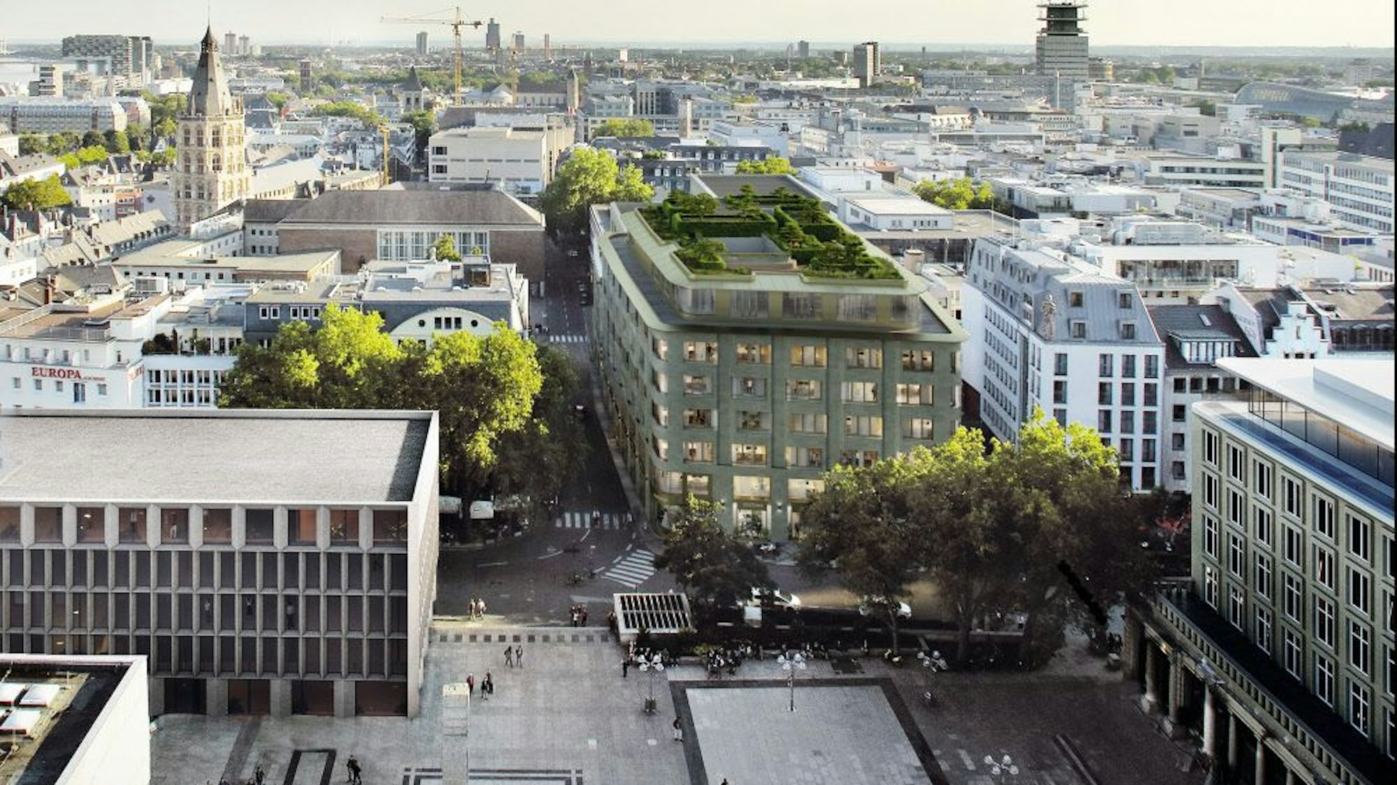 Die Visualisierung zeigt das Bürohaus direkt am Roncalliplatz.