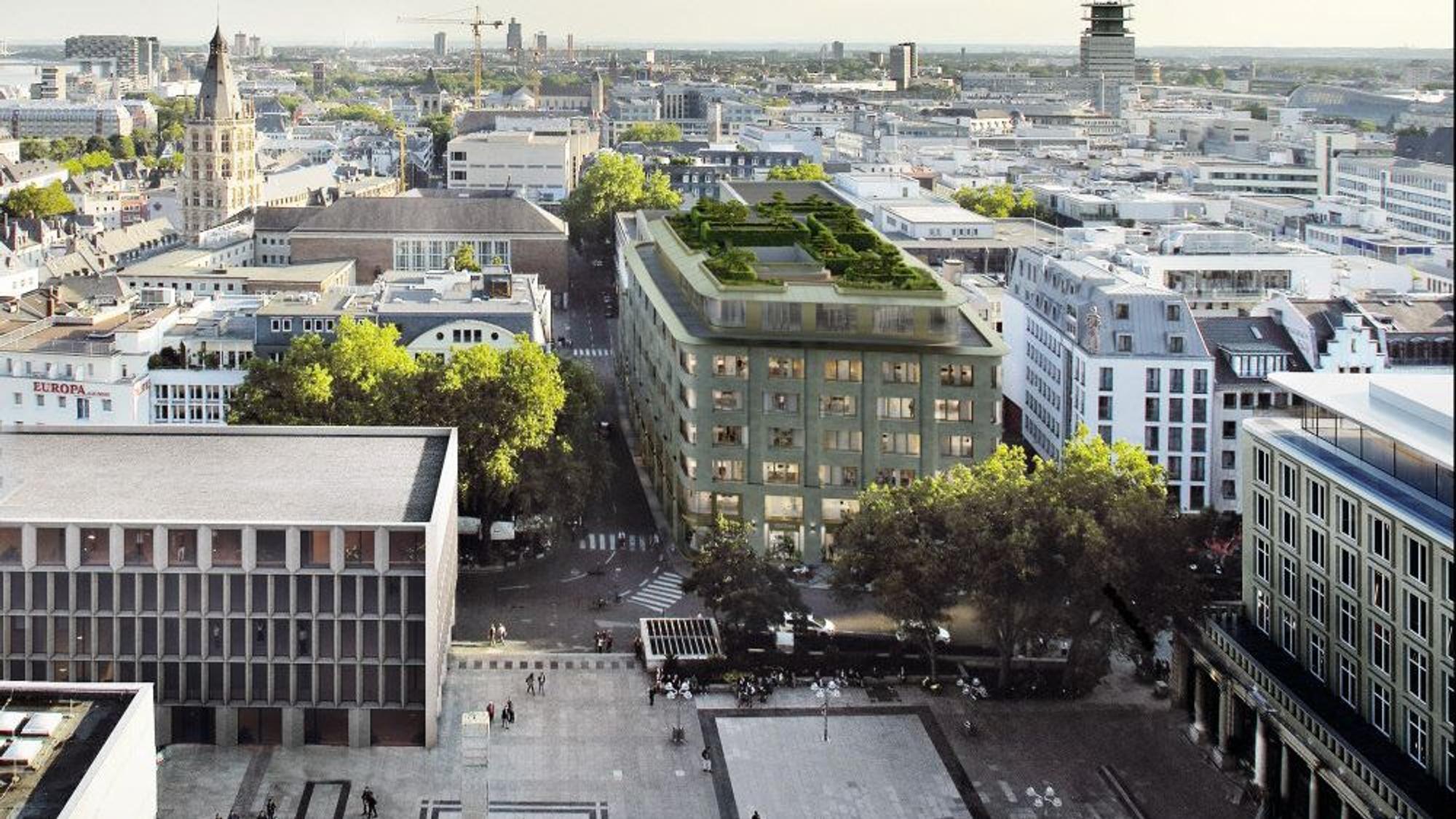 Visualisierung vom Dom aus gesehen auf das neue Bürohaus samt Dachterrasse.