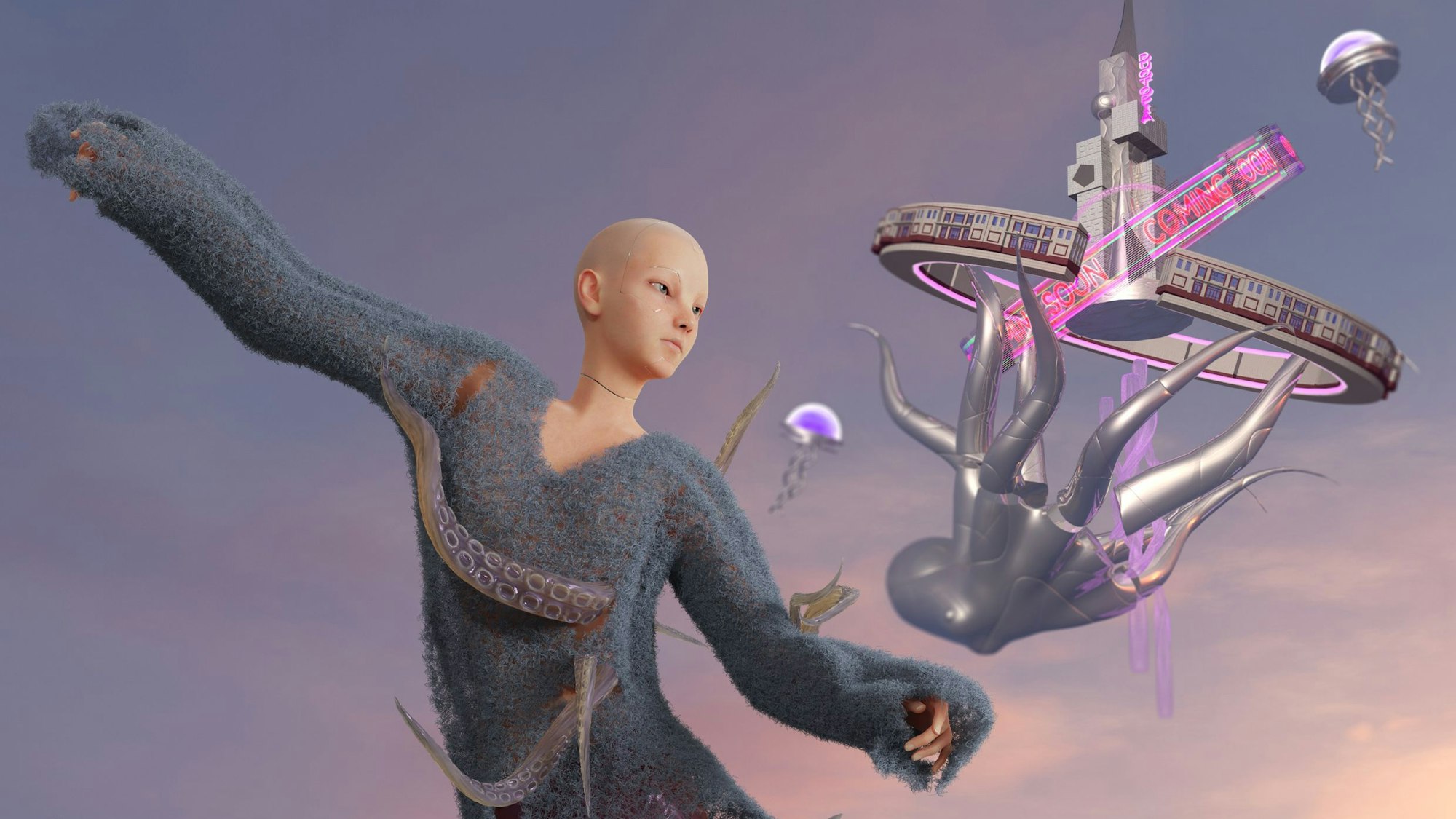 Ein glatzköpfiges Wesen schwebt durch den Raum, hinter ihm stürzt eine Krake von einem Raumschiff.