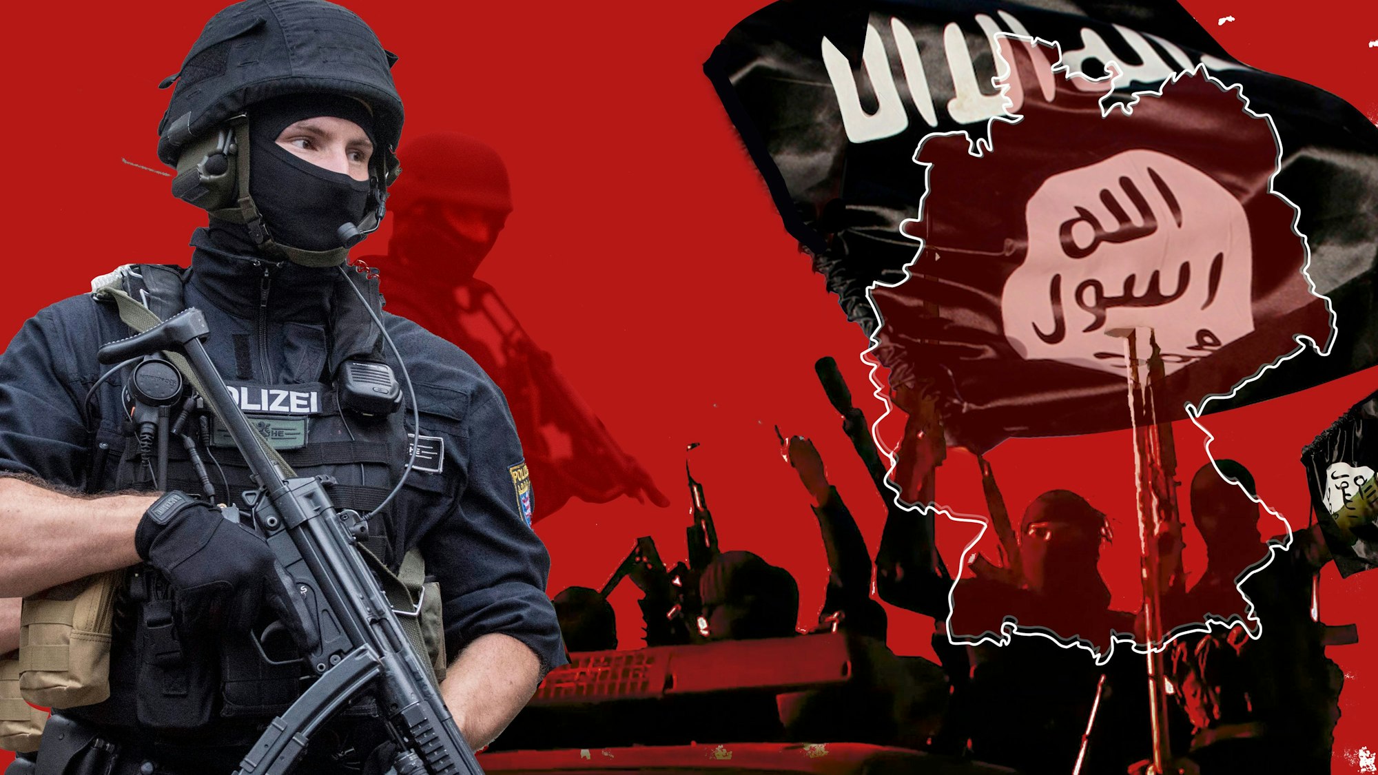 Ein Polizist mit Maschinengewehr steht vor vermummten Dschihadisten mit Fahne.